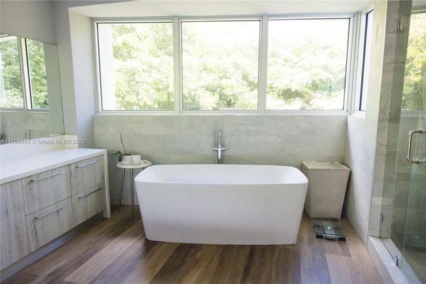 Bathroom, Free Standing Baths, Glass Shower, Interior, Wood Texture Flooring