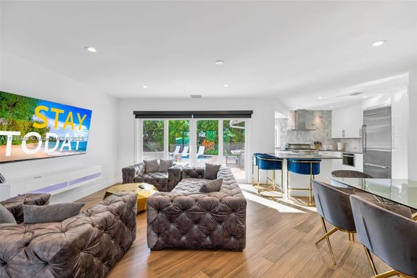 Dining room, Interior, Kitchen, Living room, Recessed Lighting, Stainless Steel Appliances, Wood Texture Flooring