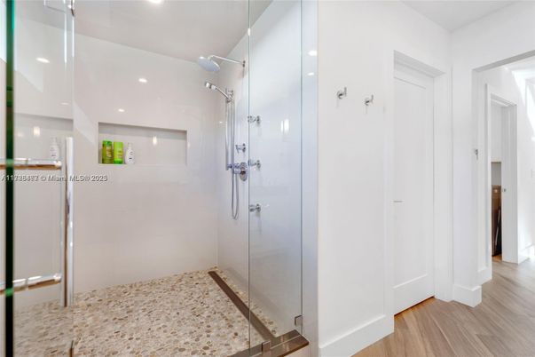 Bathroom, Glass Shower, Interior, Recessed Lighting, Wood Texture Flooring