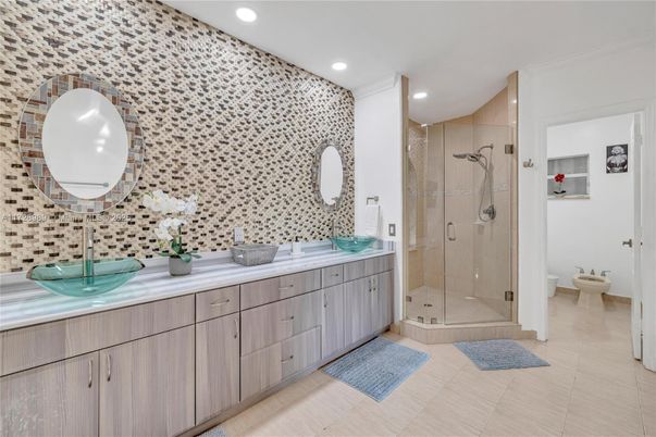Bathroom, Dual Sink Vanities, Glass Shower, Interior, Recessed Lighting