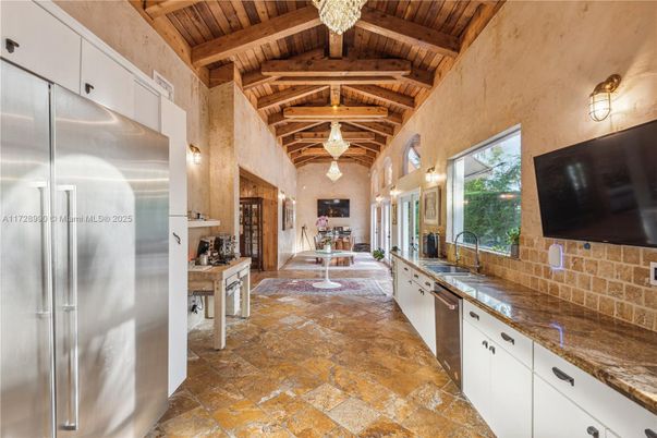 Interior, Kitchen, Pendant Lights, Stainless Steel Appliances, Stone Walls, Wooden Beams, Wooden Ceilings