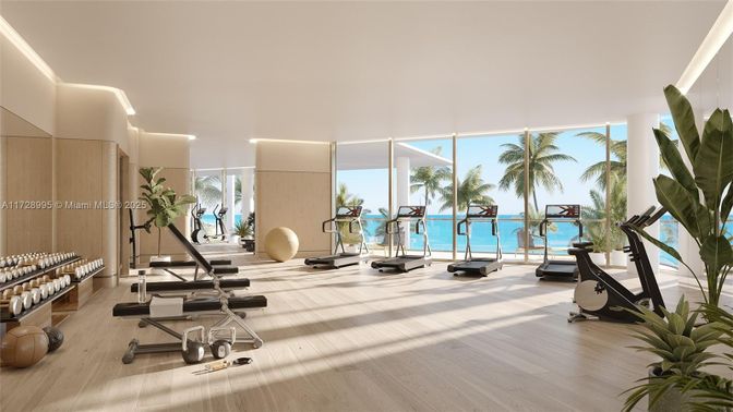 Fitness Equipment, Gym, Interior, Recessed Lighting, Water, Wood Texture Flooring