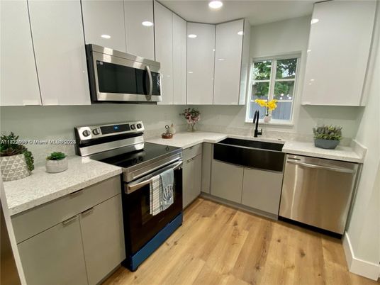 Interior, Kitchen, Recessed Lighting, Stainless Steel Appliances, Wood Texture Flooring