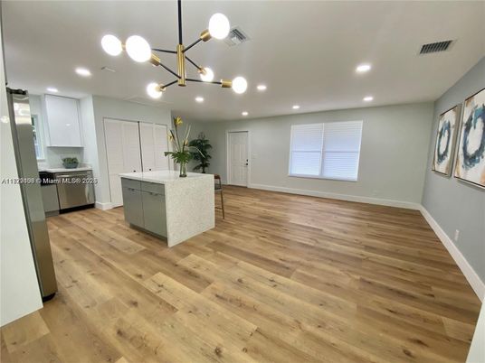 Interior, Kitchen, Pendant Lights, Recessed Lighting, Wood Texture Flooring