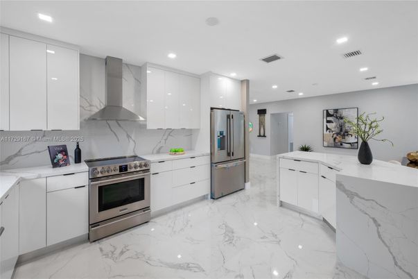 Interior, Kitchen, Marble, Recessed Lighting, Stainless Steel Appliances