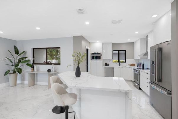 Interior, Kitchen, Marble, Recessed Lighting, Stainless Steel Appliances