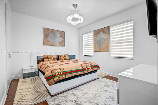 Bedroom, Interior, Pendant Lights, Wood Texture Flooring