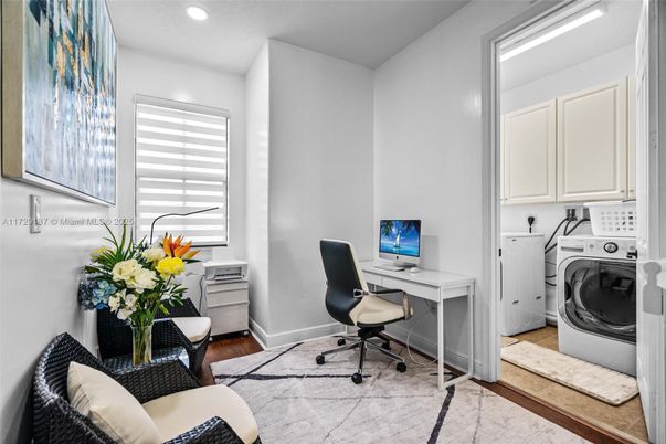 Home Office, Interior, Recessed Lighting, Washer, Wood Texture Flooring