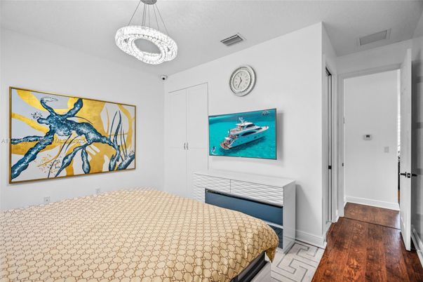 Bedroom, Interior, Pendant Lights, Wood Texture Flooring