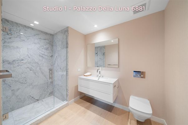 Bathroom, Glass Shower, Interior, Marble Walls, Recessed Lighting, Wood Texture Flooring
