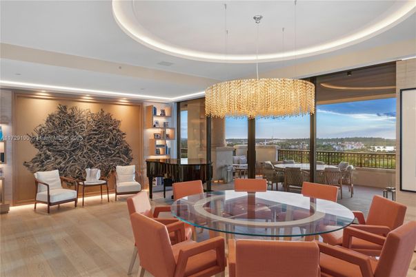 Chandelier, Dining room, Interior, Piano, Recessed Lighting, Wood Texture Flooring
