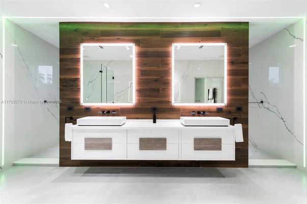 Bathroom, Dual Sink Vanities, Interior, Marble Walls, Recessed Lighting