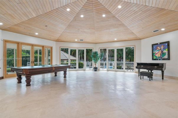 Billiard Table, Game Room, Interior, Piano, Recessed Lighting, Wooden Ceilings