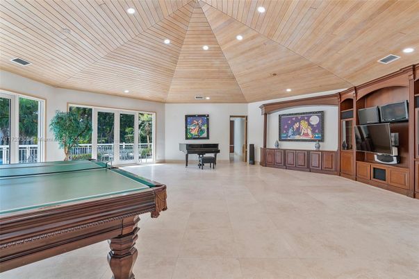 Billiard Table, Game Room, Interior, Piano, Recessed Lighting, Wooden Ceilings