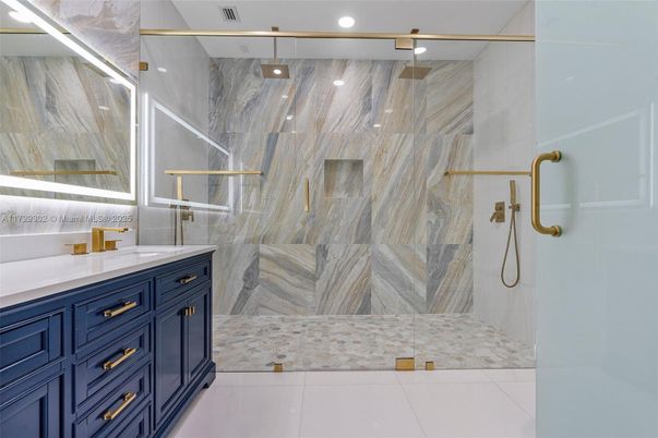 Bathroom, Glass Shower, Interior, Marble Walls, Recessed Lighting