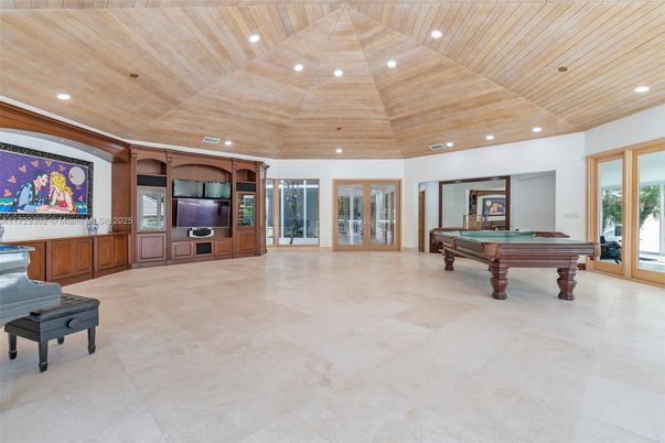 Billiard Table, Game Room, Interior, Piano, Recessed Lighting, Wooden Ceilings