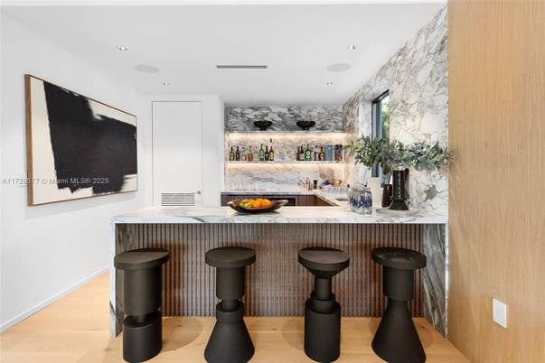 Interior, Kitchen, Marble Walls, Recessed Lighting, Wood Texture Flooring