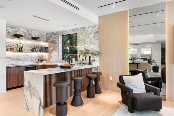 Interior, Kitchen, Marble Walls, Recessed Lighting, Wood Texture Flooring