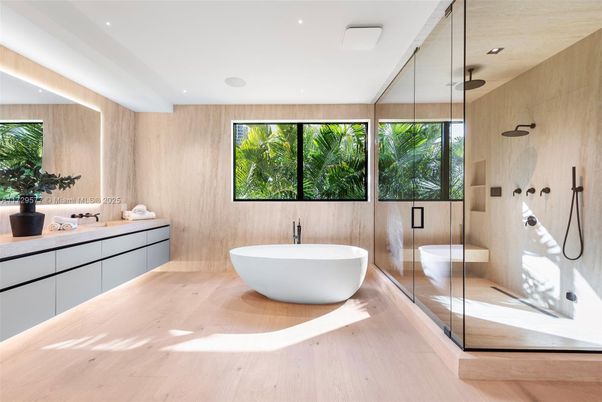 Bathroom, Dual Sink Vanities, Free Standing Baths, Glass Shower, Interior, Recessed Lighting, Wood Texture Flooring