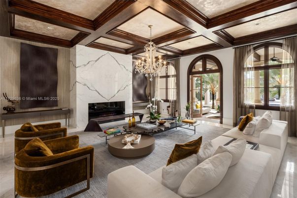 Chandelier, Fireplace, Interior, Living room, Marble Walls, Recessed Lighting
