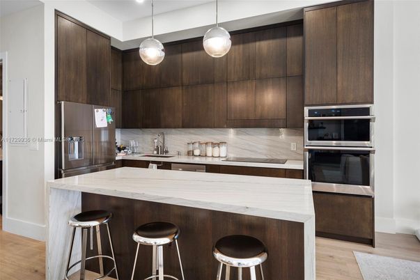 Interior, Kitchen, Pendant Lights, Recessed Lighting, Stainless Steel Appliances, Wood Texture Flooring