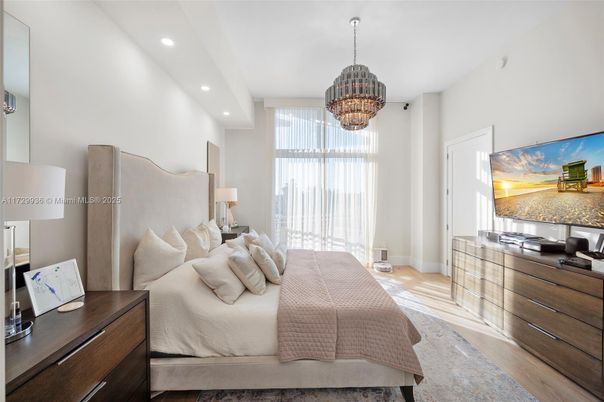 Bedroom, Interior, Pendant Lights, Recessed Lighting, Wood Texture Flooring