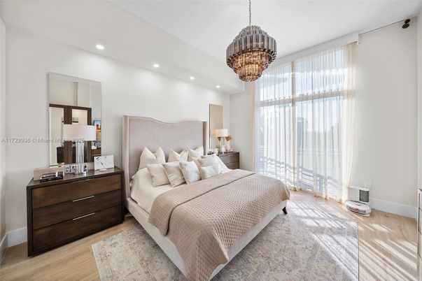 Bedroom, Chandelier, Interior, Recessed Lighting, Wood Texture Flooring