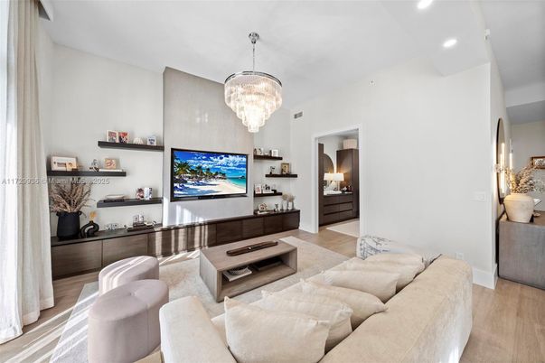 Chandelier, Interior, Living room, Recessed Lighting, Wood Texture Flooring