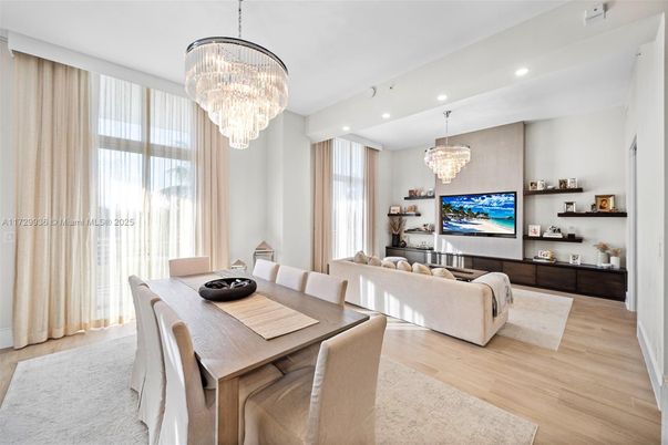 Chandelier, Dining room, Interior, Living room, Recessed Lighting, Wood Texture Flooring