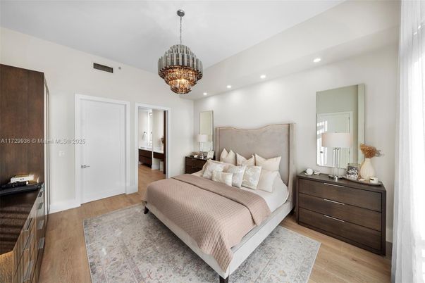 Bedroom, Chandelier, Interior, Pendant Lights, Recessed Lighting, Wood Texture Flooring