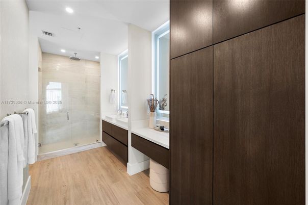 Bathroom, Glass Shower, Interior, Recessed Lighting, Wood Texture Flooring