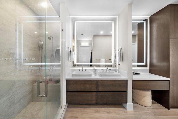 Bathroom, Dual Sink Vanities, Glass Shower, Interior, Recessed Lighting, Wood Texture Flooring