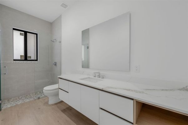 Bathroom, Glass Shower, Interior, Wood Texture Flooring