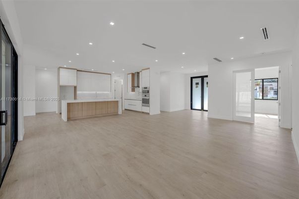 Empty room, Interior, Kitchen, Recessed Lighting, Wood Texture Flooring