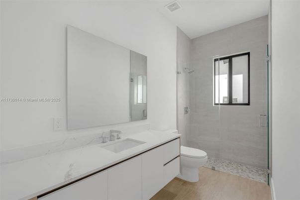 Bathroom, Glass Shower, Interior, Wood Texture Flooring