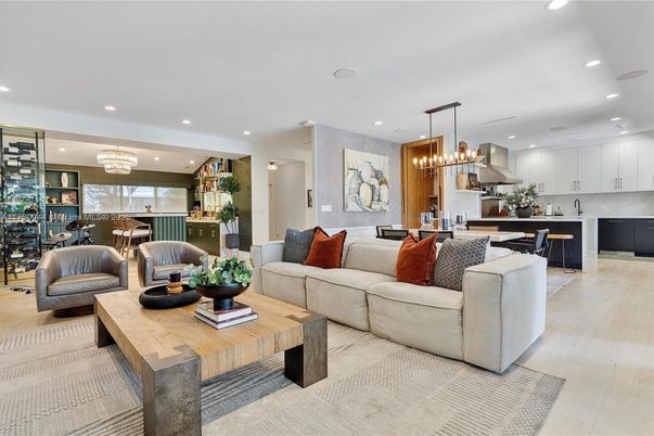 Chandelier, Dining room, Interior, Kitchen, Living room, Pendant Lights, Recessed Lighting, Wood Texture Flooring