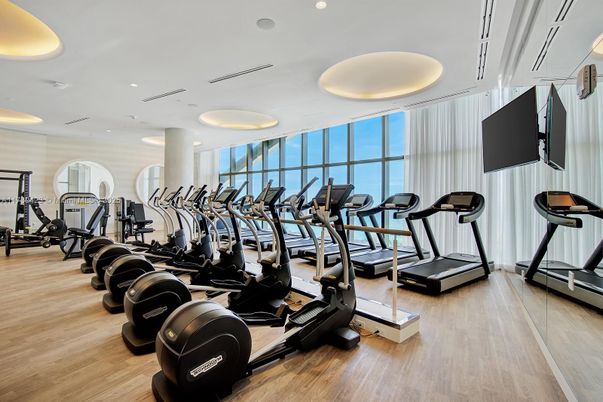 Fitness Equipment, Gym, Interior, Recessed Lighting, Wood Texture Flooring