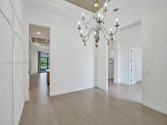 Chandelier, Empty room, Interior, Recessed Lighting, Wood Texture Flooring