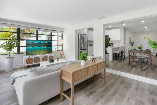 Dining room, Interior, Kitchen, Living room, Recessed Lighting, Wood Texture Flooring