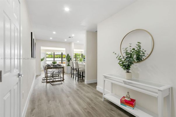 Dining room, Interior, Recessed Lighting, Wood Texture Flooring
