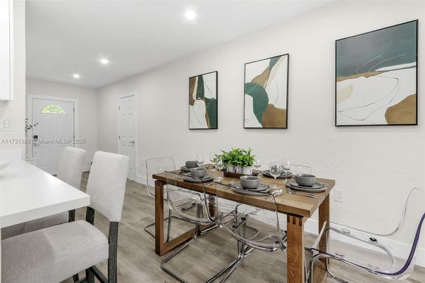 Dining room, Interior, Recessed Lighting, Wood Texture Flooring