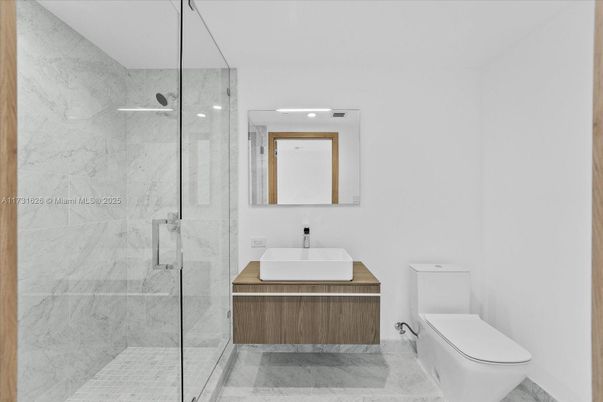 Bathroom, Glass Shower, Interior, Marble Walls, Recessed Lighting