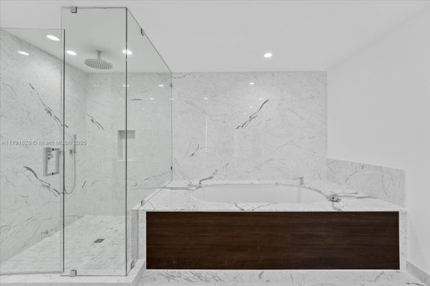 Bathroom, Glass Shower, Interior, Marble, Marble Walls, Recessed Lighting