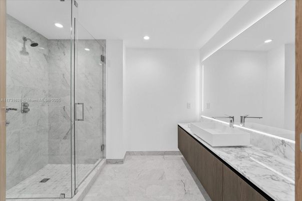 Bathroom, Glass Shower, Interior, Marble, Marble Walls, Recessed Lighting