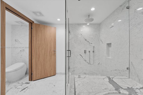 Bathroom, Glass Shower, Interior, Marble, Marble Walls, Recessed Lighting