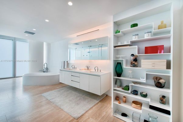 Bathroom, Dual Sink Vanities, Free Standing Baths, Interior, Recessed Lighting, Wood Texture Flooring