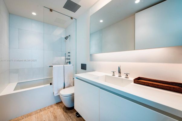 Bathroom, Glass Shower, Interior, Recessed Lighting, Wood Texture Flooring