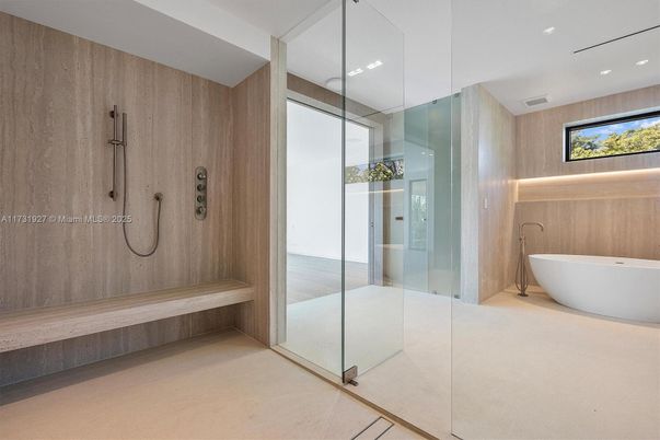 Bathroom, Free Standing Baths, Glass Shower, Interior, Recessed Lighting