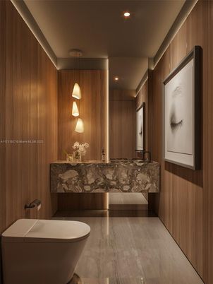 Bathroom, Dual Sink Vanities, Free Standing Baths, Interior, Pendant Lights, Recessed Lighting, Wooden Walls