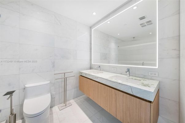 Bathroom, Dual Sink Vanities, Interior, Marble Walls, Recessed Lighting